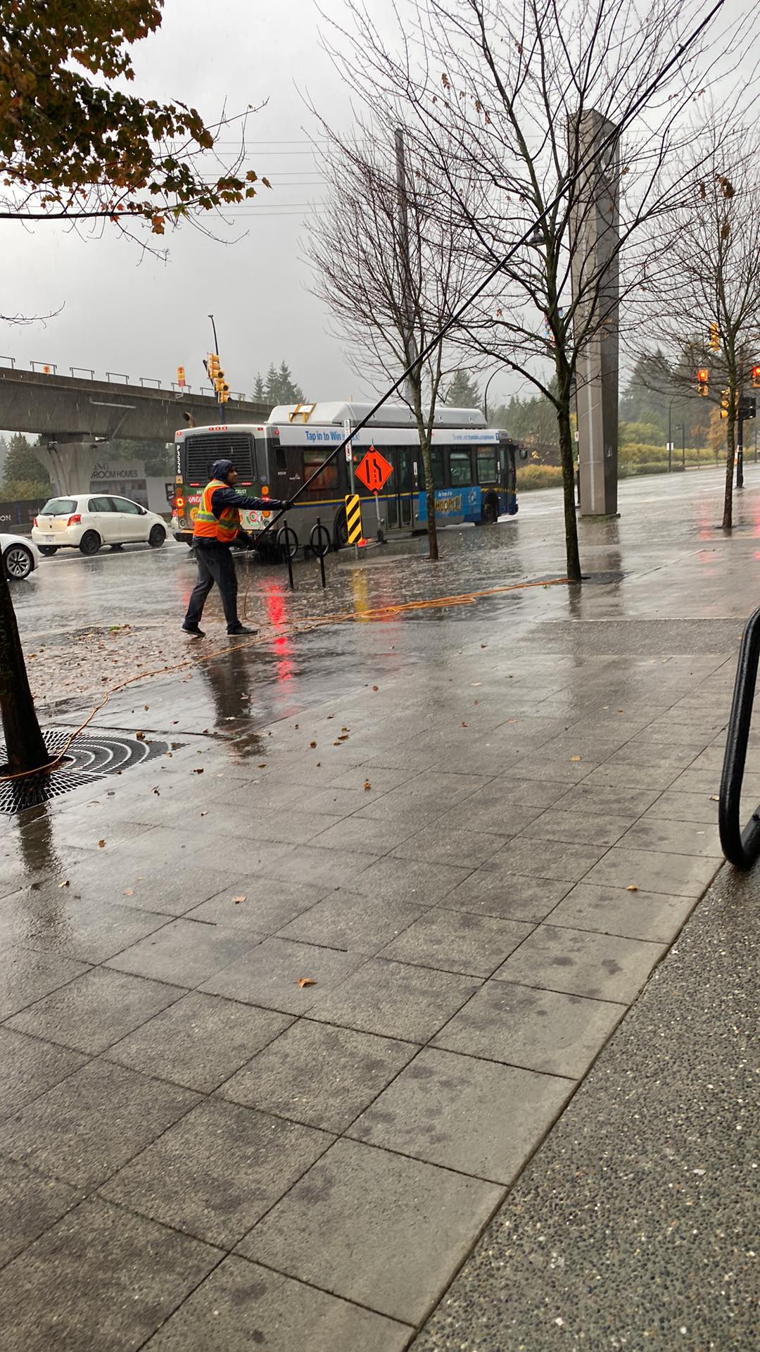 Using a water-fed pole on exterior glass along a street